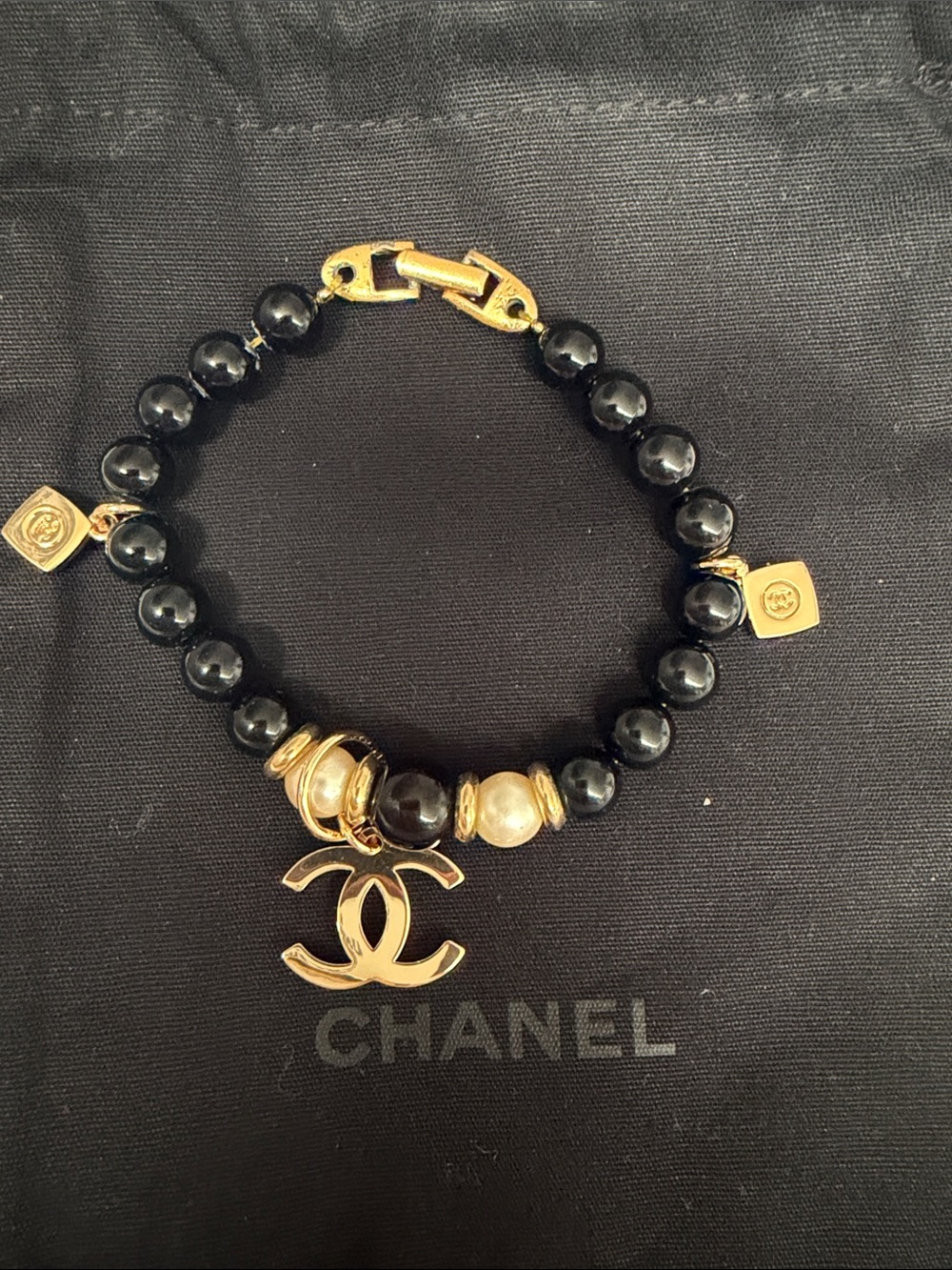 Napier Black Bead Bracelet with Pearl Accent and Gold-Tone wo CC charms
